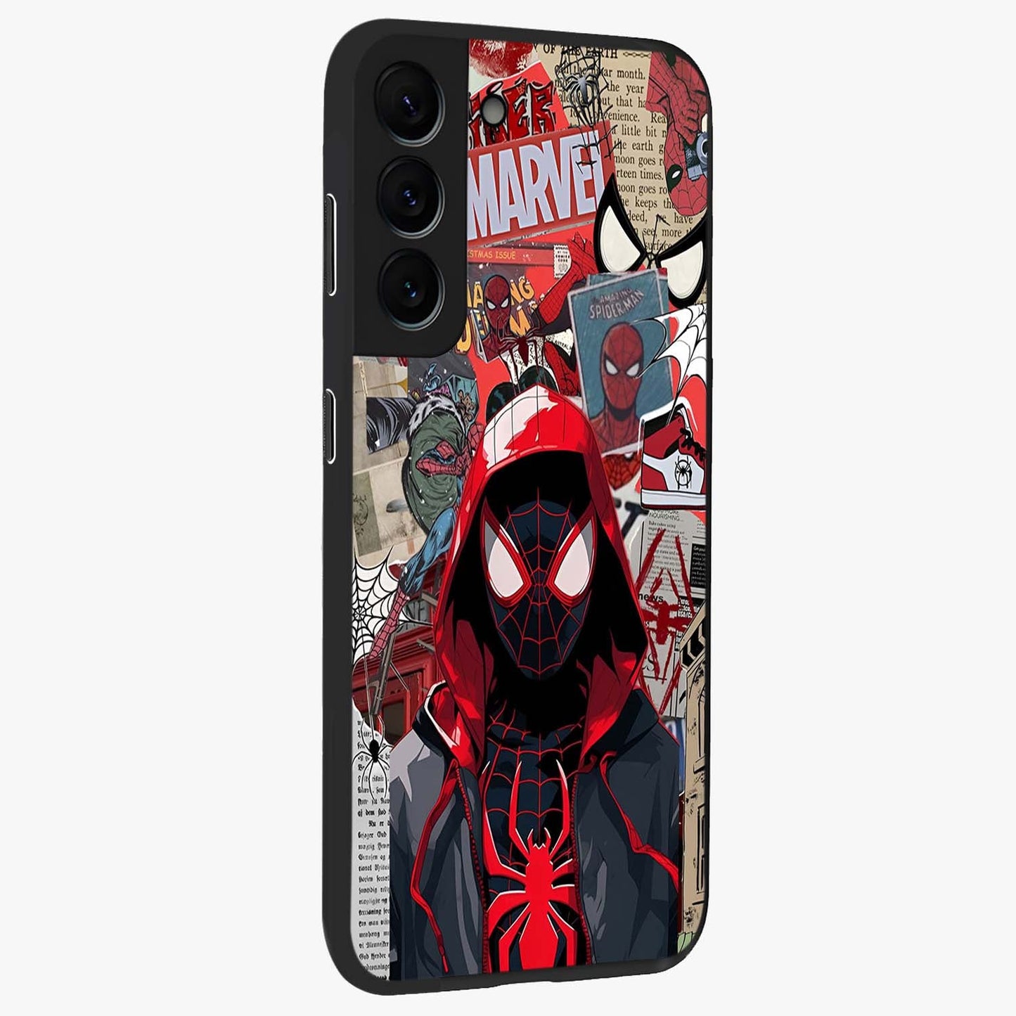 Spider Collage Street Glass Case upright view showcasing bold superhero artwork with urban street theme.