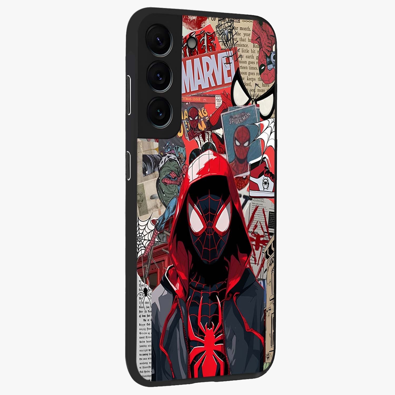 Spider Collage Street Glass Case upright view showcasing bold superhero artwork with urban street theme.
