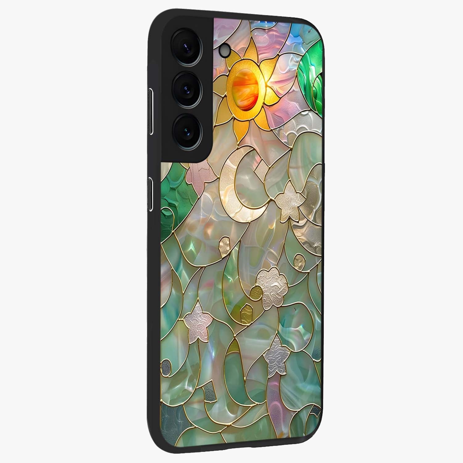 Stained Sunrise Glow Glass Case upright view showcasing colorful sunrise artwork with warm morning theme.