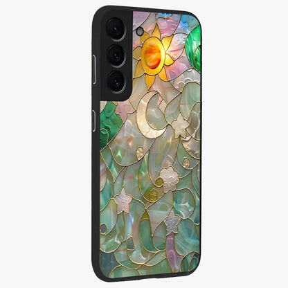 Stained Sunrise Glow Glass Case upright view showcasing colorful sunrise artwork with warm morning theme.