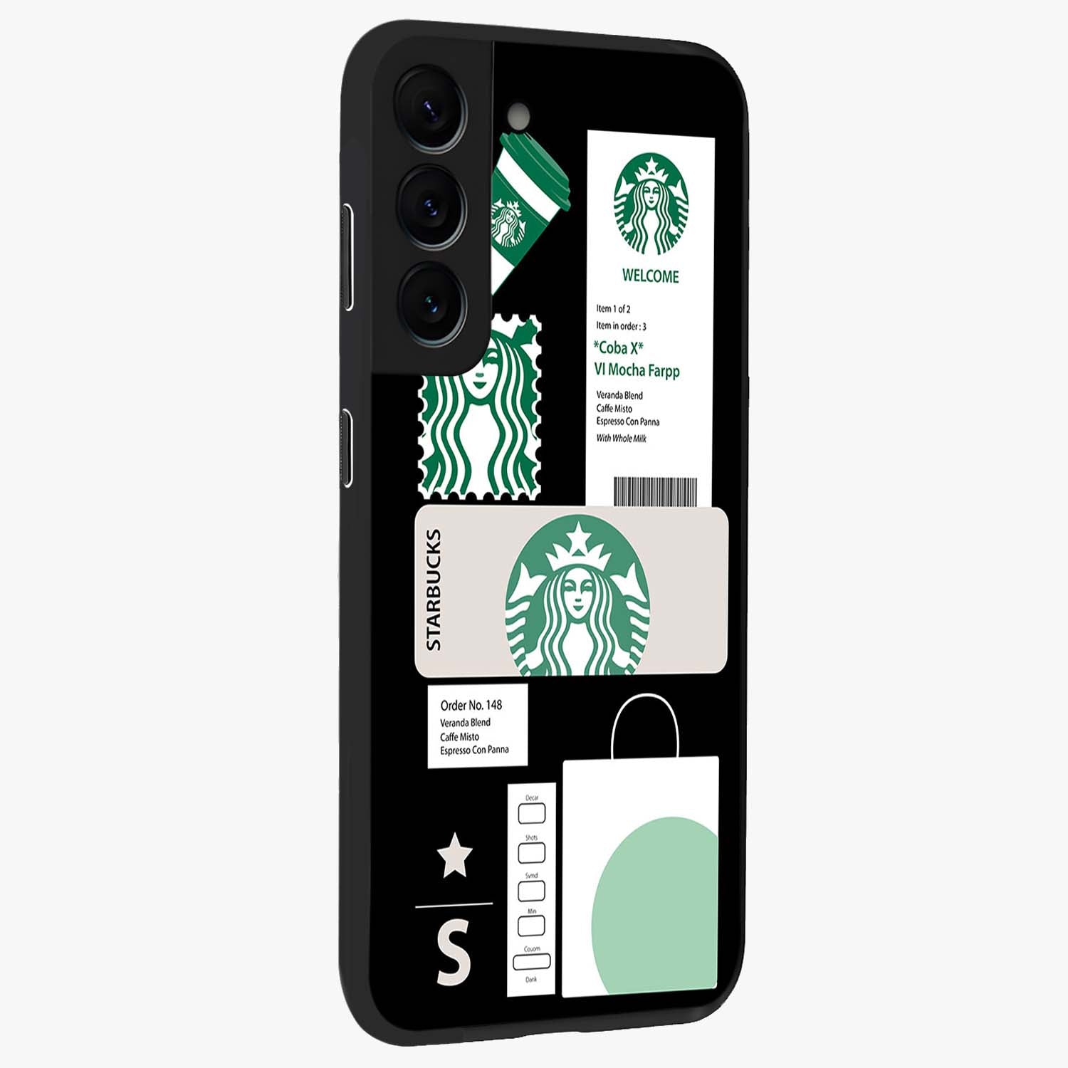 Starbucks Mocha Glass Case upright view showcasing trendy coffee inspired artwork with modern lifestyle theme.