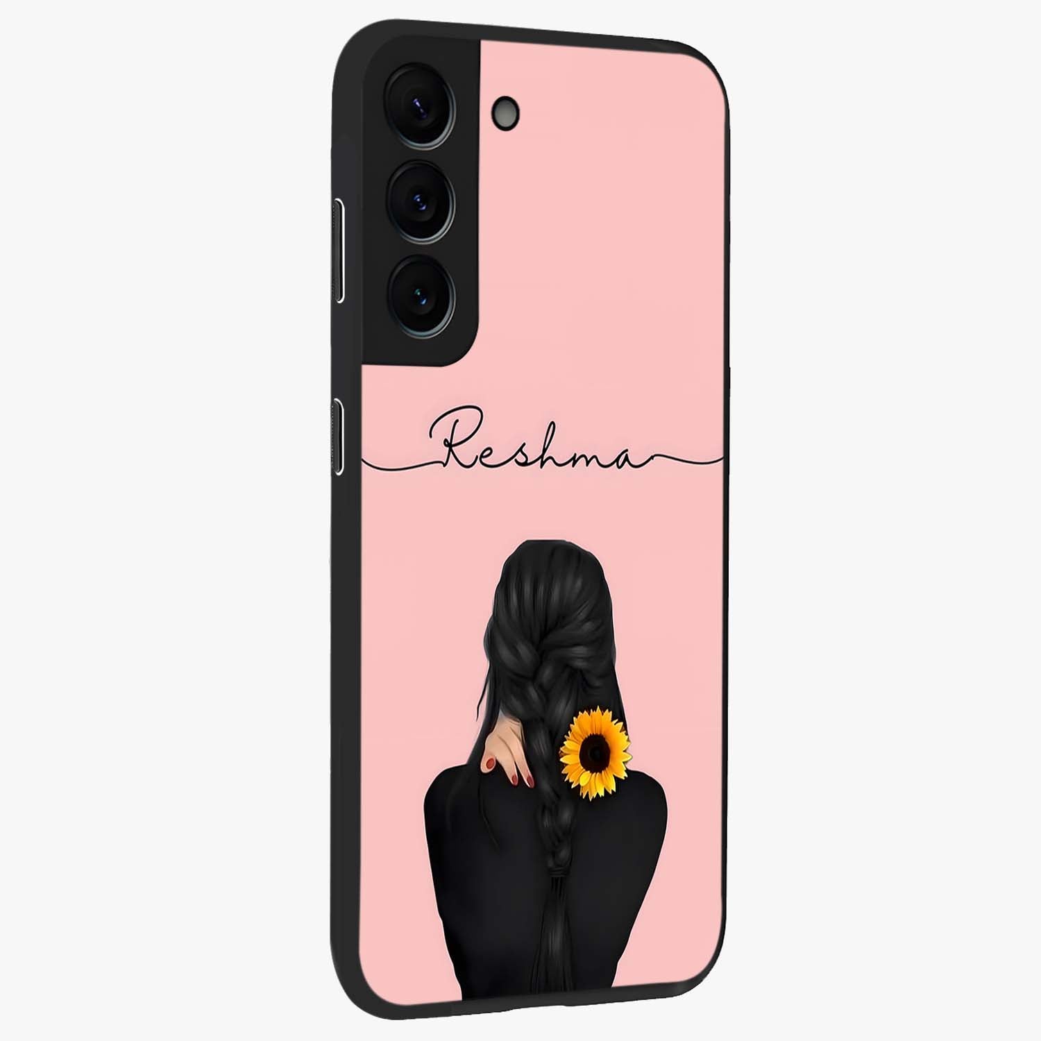 Sunflower Braid Beauty With Custom Name Glass Case upright view showcasing bright sunflower artwork with personalized floral aesthetic.
