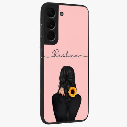 Sunflower Braid Beauty With Custom Name Glass Case upright view showcasing bright sunflower artwork with personalized floral aesthetic.