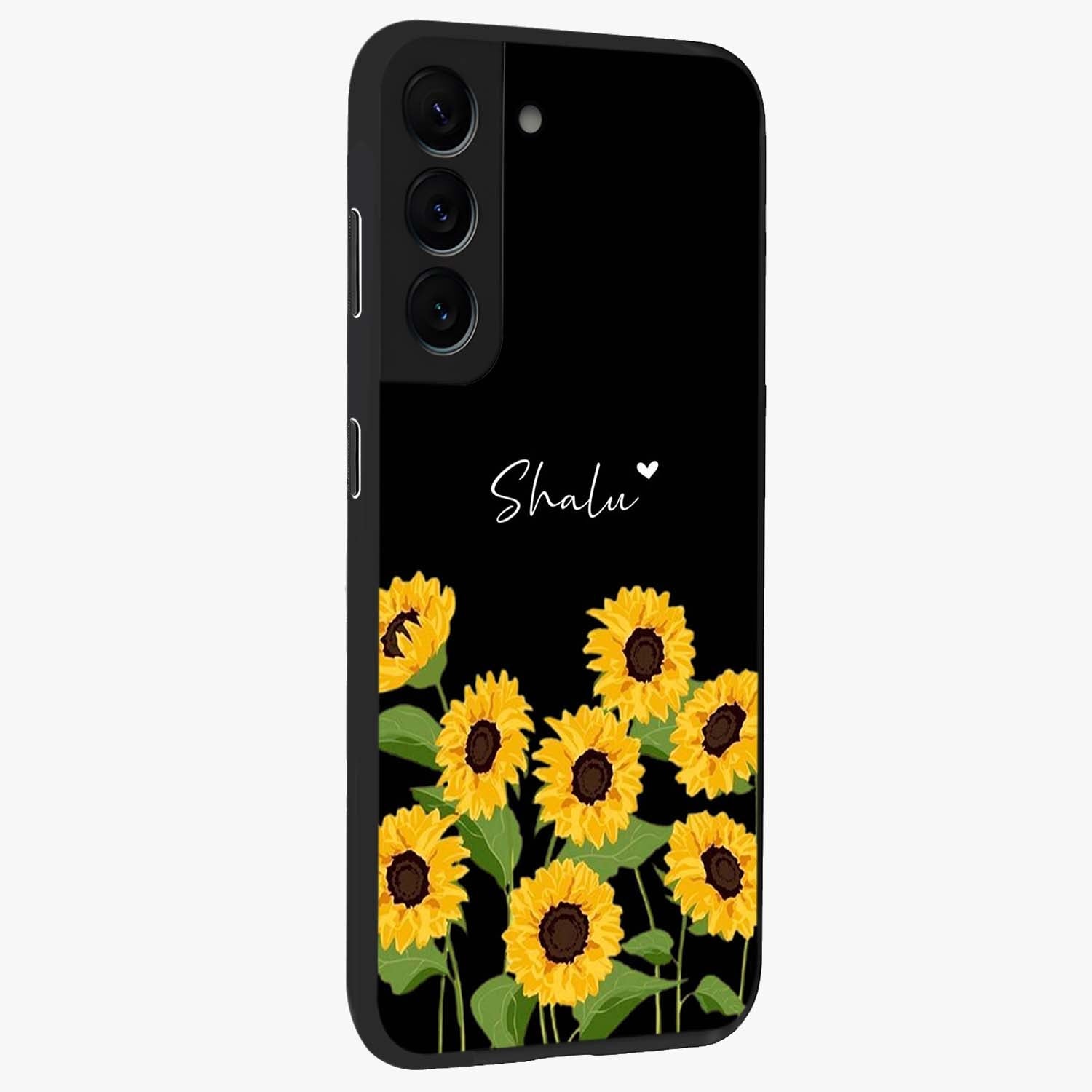 Sunflower Chic Mood Custom Name Glass Case upright view showcasing cheerful sunflower artwork with trendy floral theme.