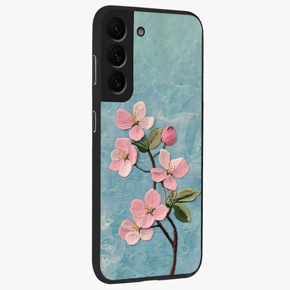 Threaded Blossom Breeze Glass Case upright view showcasing graceful flower artwork with calm botanical theme.