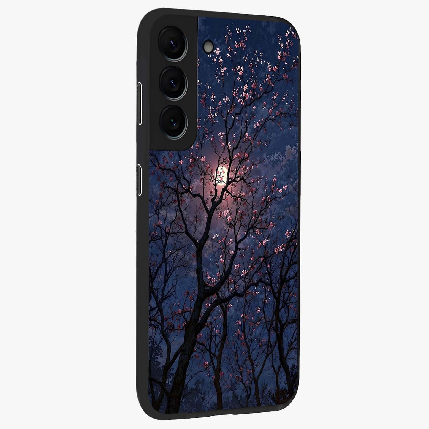 Twilight Sakura Serenade Glass Case upright view showcasing beautiful cherry blossom artwork with serene evening theme.
