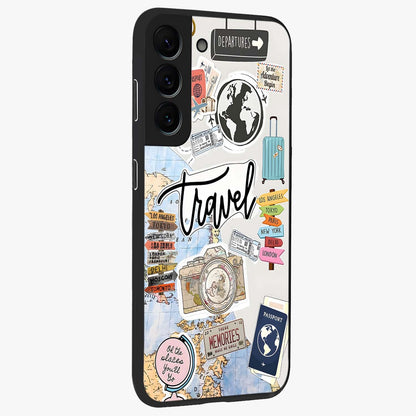 Wanderlust Journal Glass Case upright view showcasing wanderlust inspired artwork with creative exploration theme.
