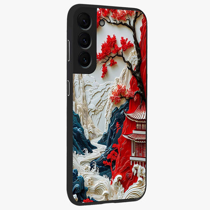 Whispers Of Sakura Waves Glass Case upright view showcasing delicate cherry blossom artwork with elegant nature theme.