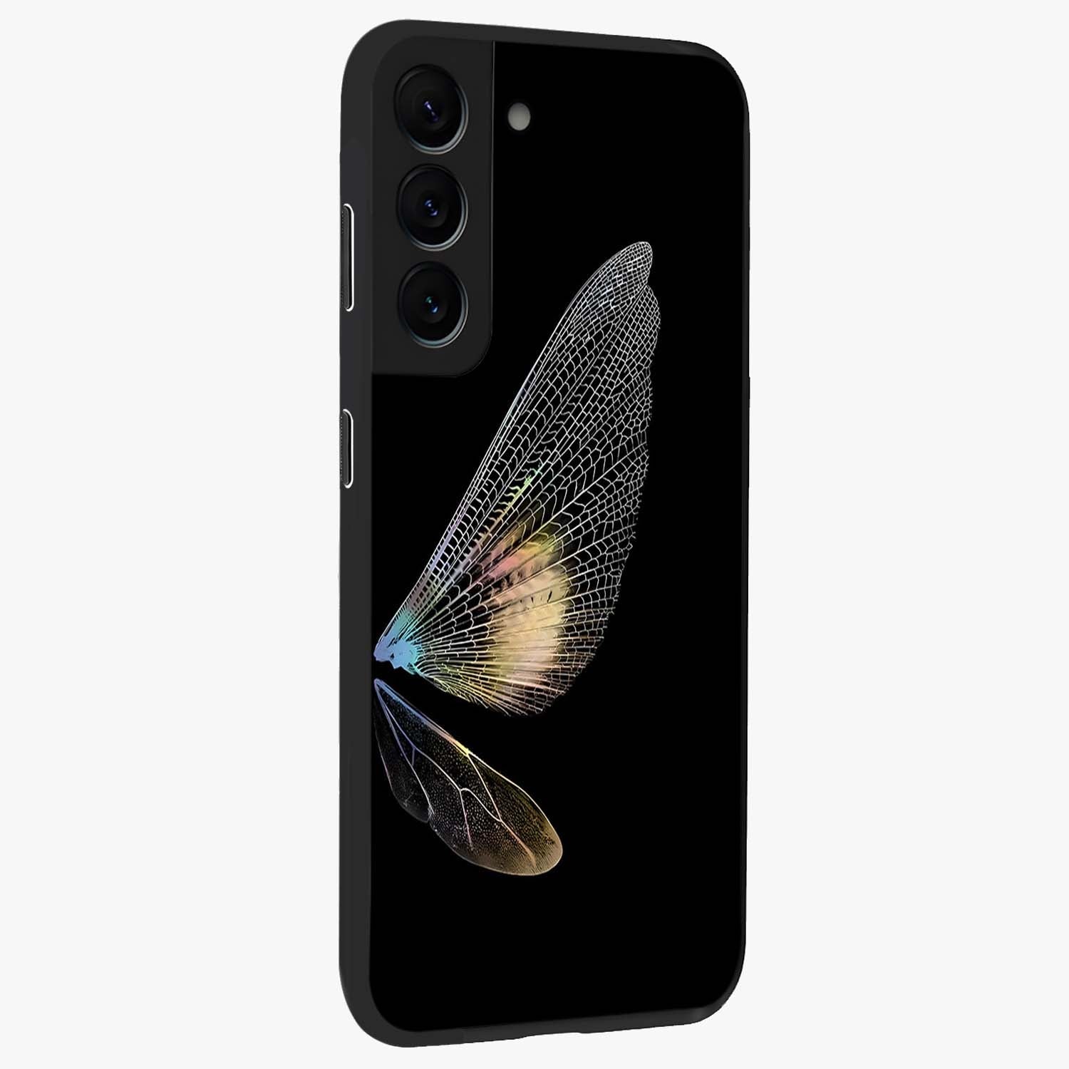 Whispers Of Wings Glass Case upright view showcasing elegant wing artwork with light airy theme.