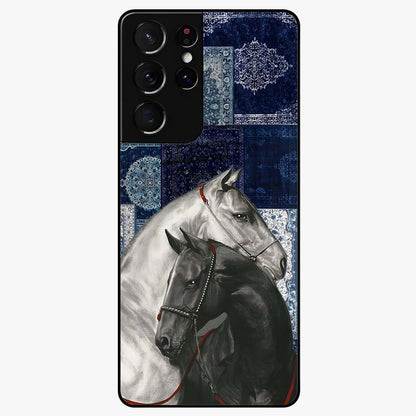 Midnight Stallion Blues Glass Case showing flat back view with majestic horse artwork and glossy glass finish.