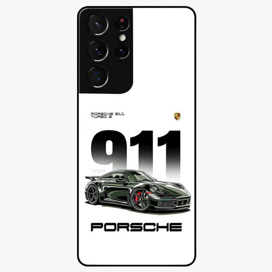 911 Turbo Dominance Glass Case showing clean flat back view with bold 911 sports car artwork and glossy glass finish.