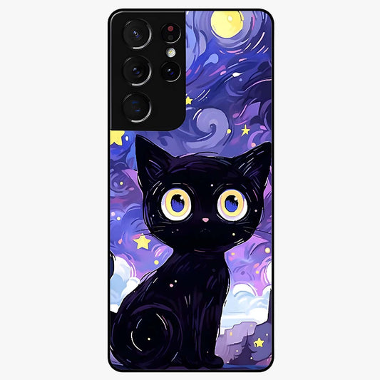 Abstract Cat Art Glass Case showing flat back view with artistic cat illustration and glossy glass finish.