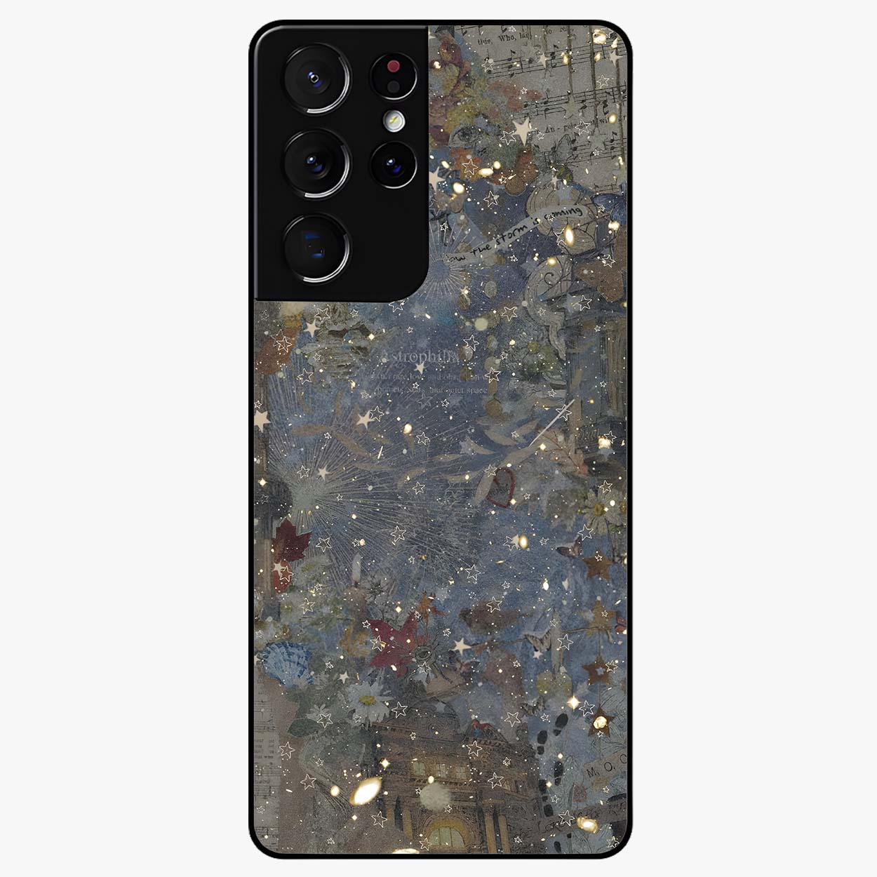 Aesthetic Astrolophia Glass Case showing flat back view with dreamy aesthetic design and glossy glass finish.