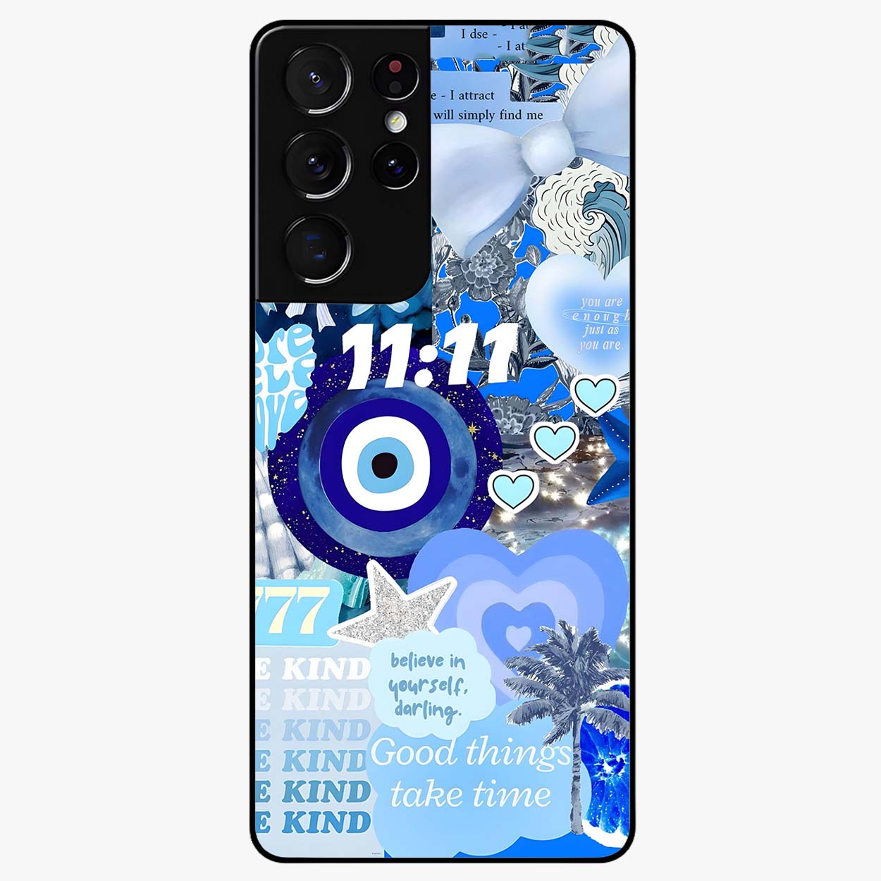 Aesthetic Be Kind Eye Glass Case showing flat back view with motivational eye artwork and glossy glass finish.