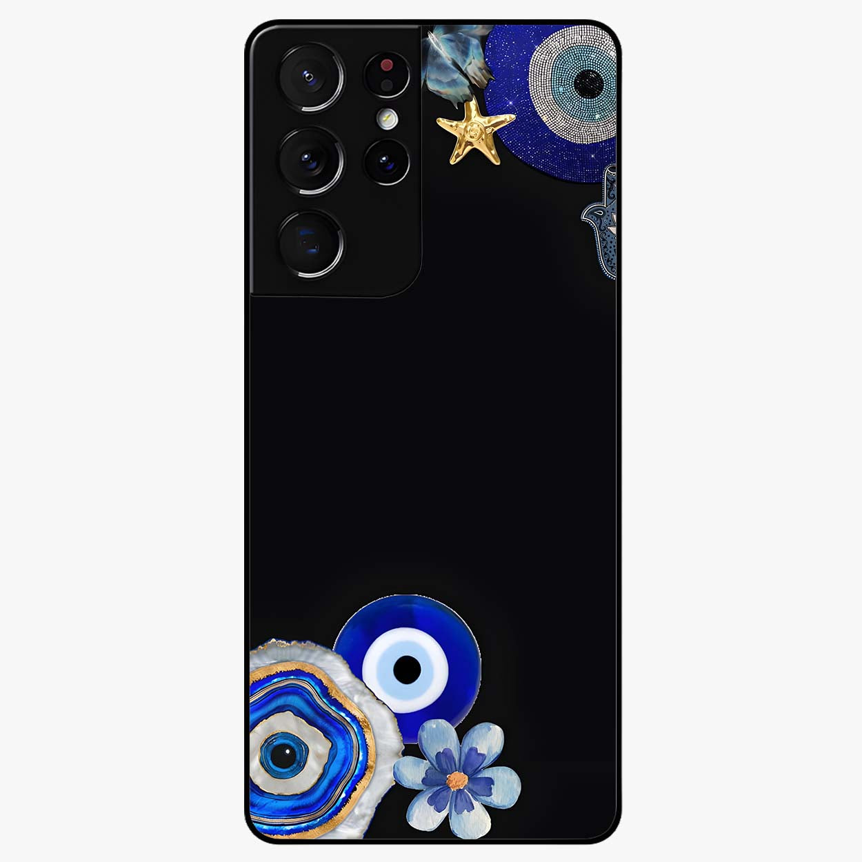 Aesthetic Blue Evil Eye Glass Case showing flat back view with protective evil eye artwork and glossy glass finish.