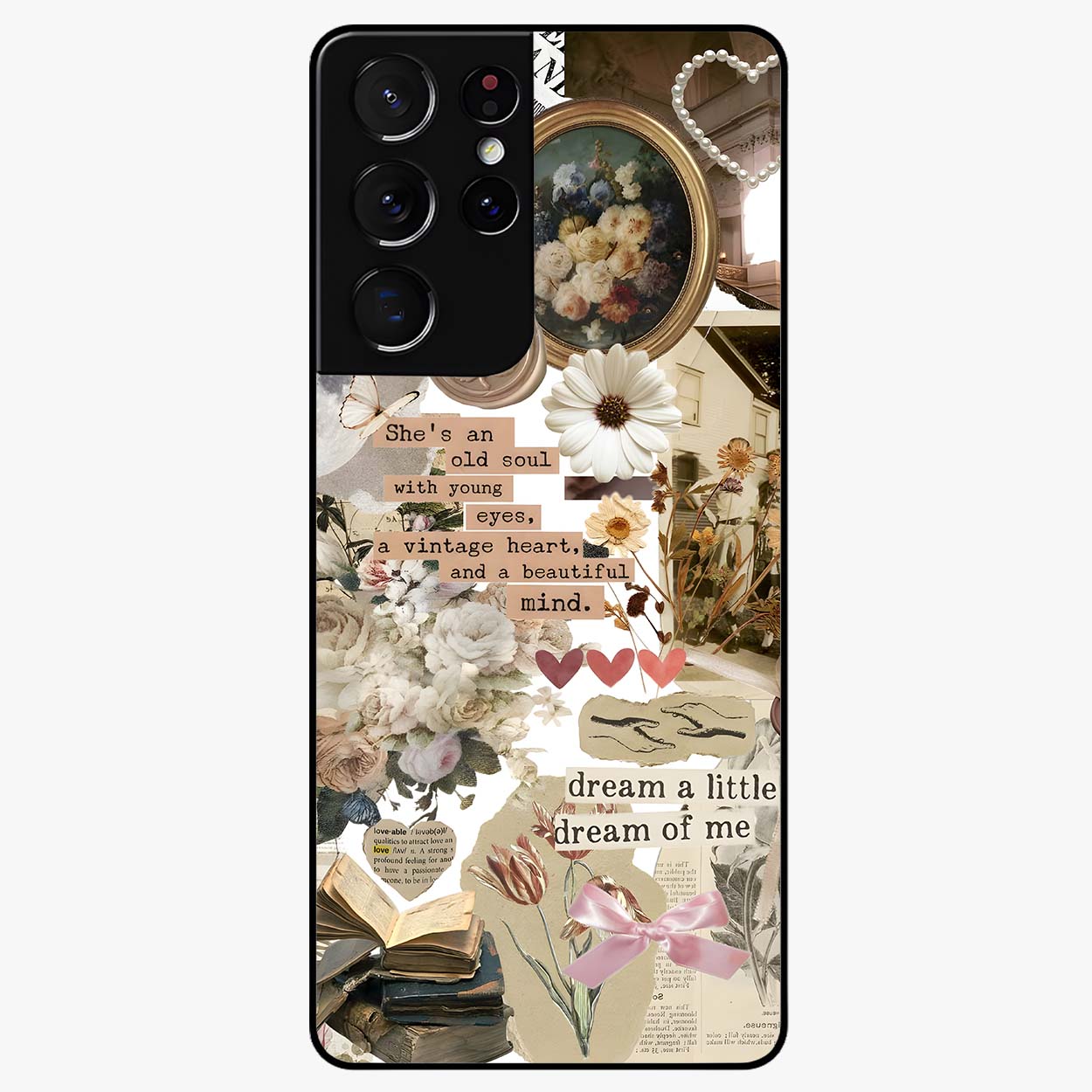 Aesthetic Brown Vintage Collage Glass Case showing flat back view with retro collage artwork and glossy glass finish.