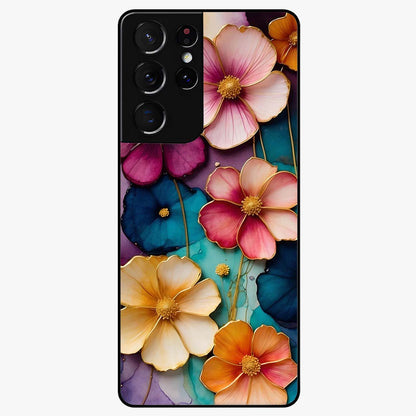 Artlyn Grace Flower Pattern Glass Case showing flat back view with elegant floral pattern artwork and glossy glass finish.