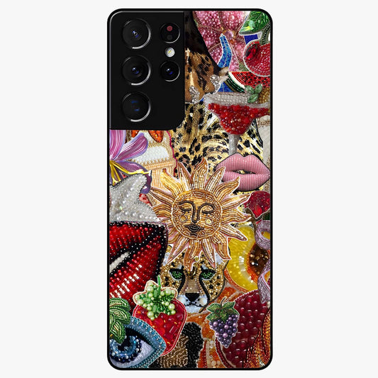 Beaded Fashion Jungle Glass Case showing flat back view with vibrant jungle inspired bead artwork and glossy glass finish.