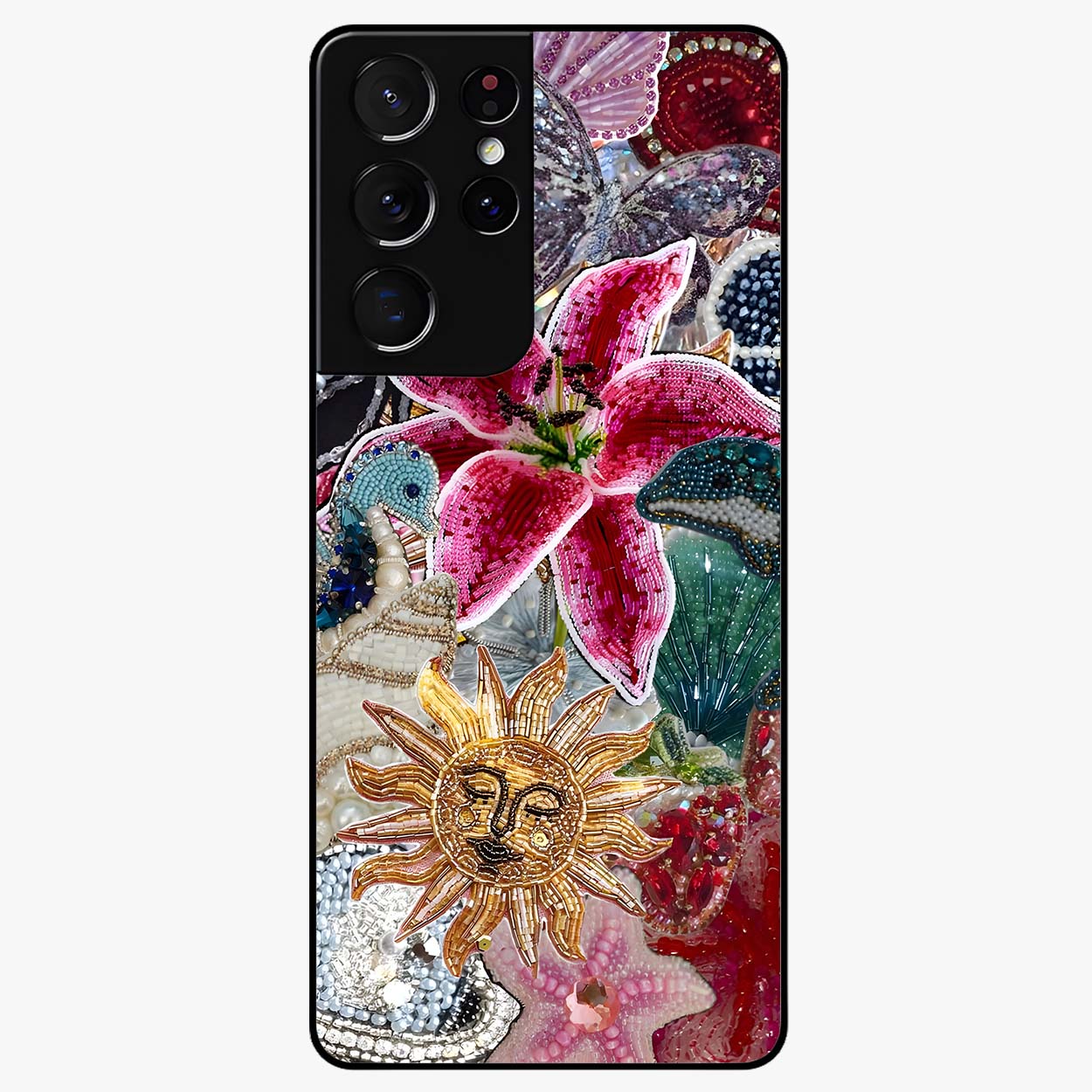 Beaded Garden Fantasy Glass Case showing flat back view with dreamy garden bead artwork and glossy glass finish.