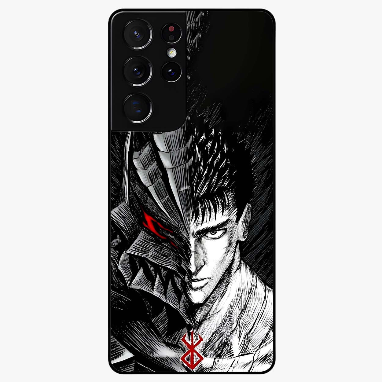 Berserker Blood Oath Glass Case showing flat back view with fierce warrior inspired artwork and glossy glass finish.