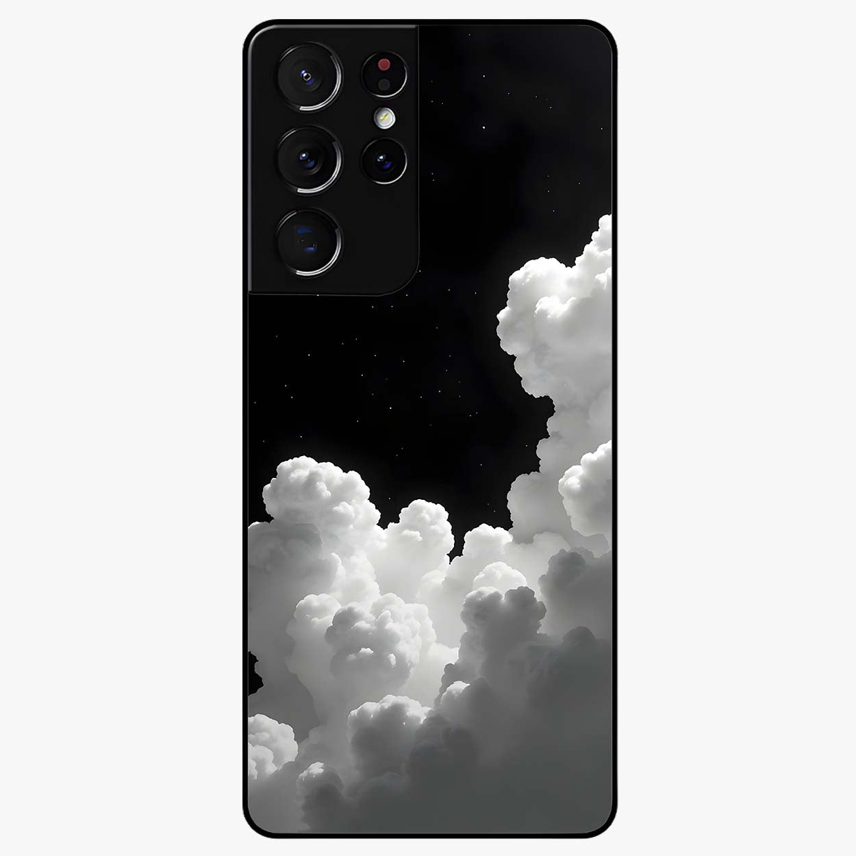 Black Background With White Cloud Glass Case showing flat back view with minimal cloud artwork on dark background and glossy glass finish.