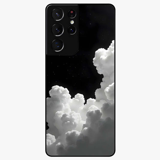 Black Background With White Cloud Glass Case showing flat back view with minimal cloud artwork on dark background and glossy glass finish.