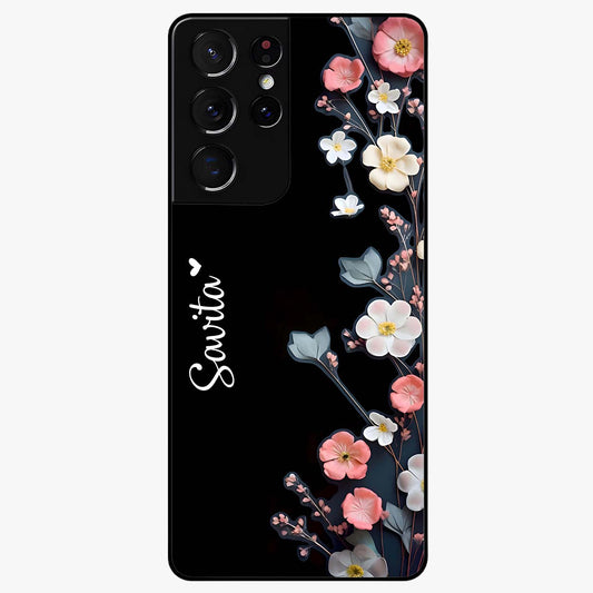 Black Elegance Floral Custom Name Glass Case showing flat back view with elegant floral artwork and personalized name design.