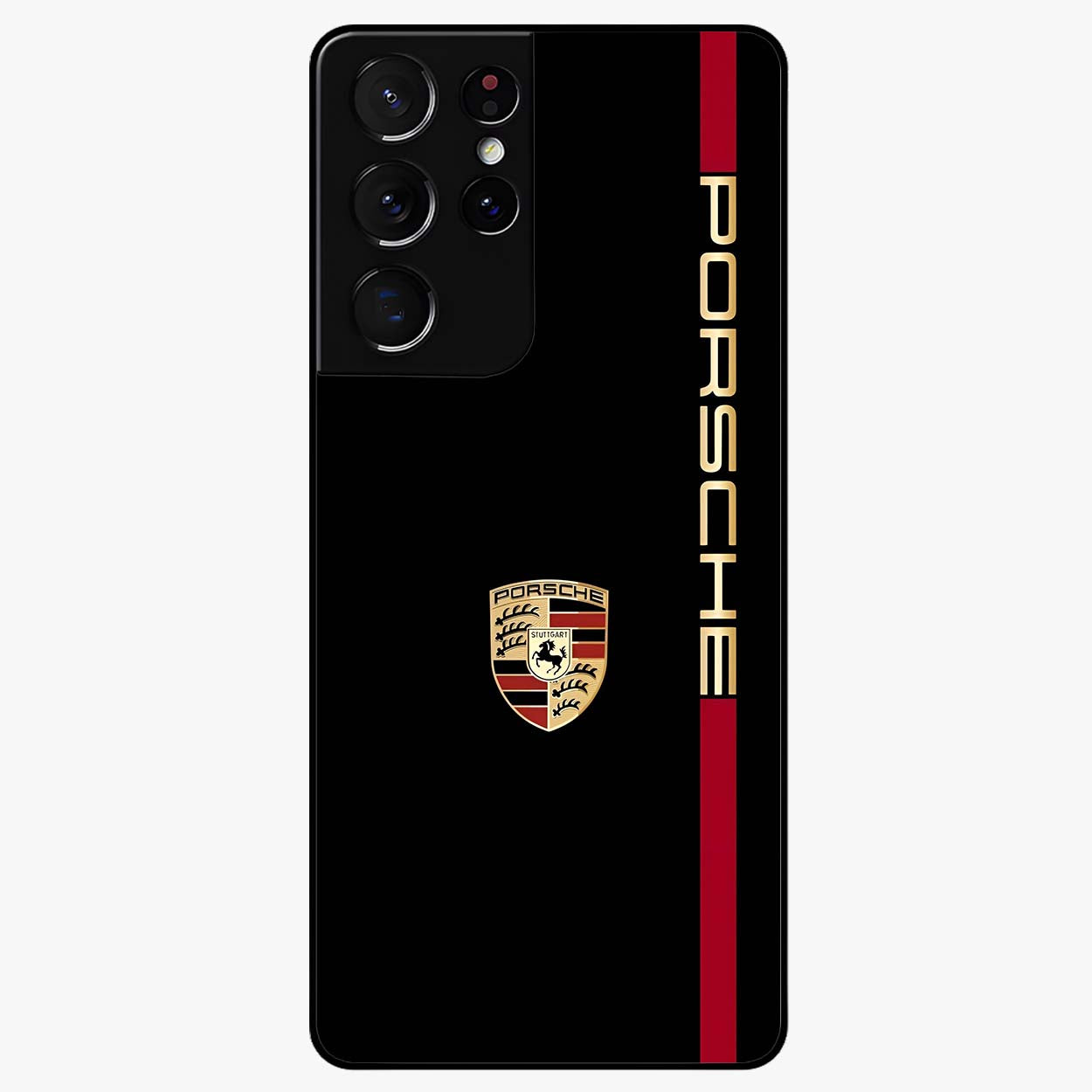Black Minimal Porsche Glass Case showing flat back view with sleek minimal sports car artwork and glossy glass finish.