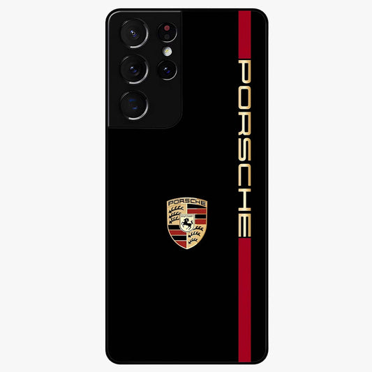 Black Minimal Porsche Glass Case showing flat back view with sleek minimal sports car artwork and glossy glass finish.