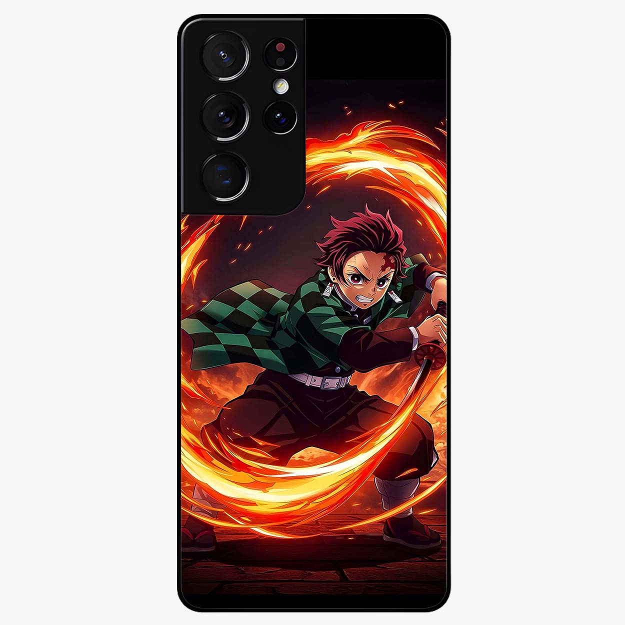 Blazing Sword Resolve Glass Case showing flat back view with fiery sword artwork and glossy glass finish.