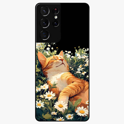 Blissful Bloom Cat Glass Case showing flat back view with cute cat and floral bloom artwork and glossy glass finish.