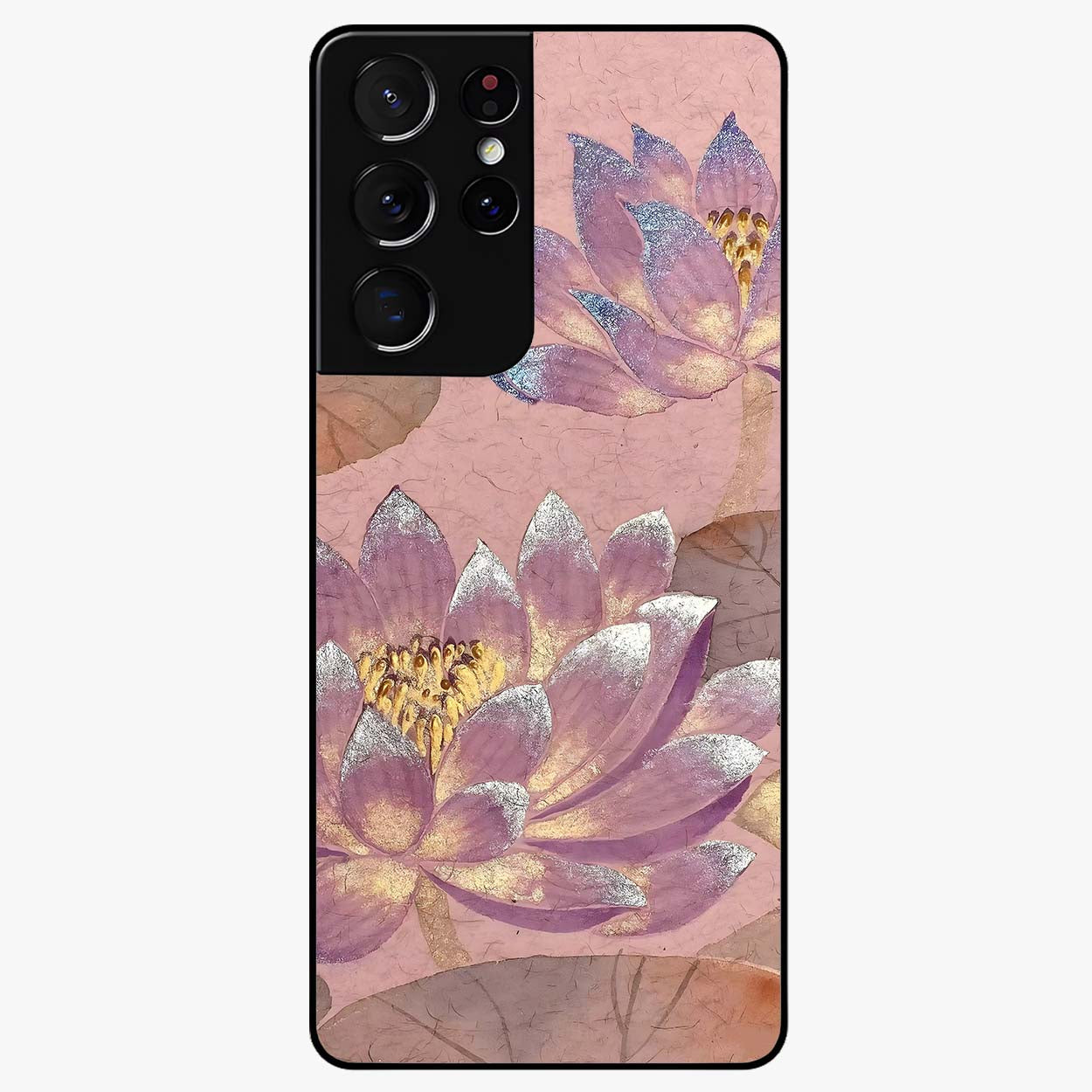 Blossom Mist Lotus Glass Case showing flat back view with serene lotus blossom artwork and glossy glass finish.