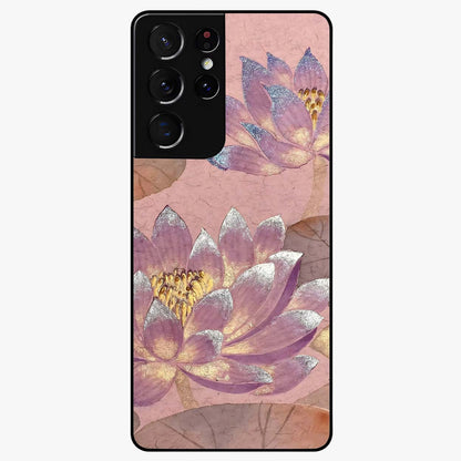 Blossom Mist Lotus Glass Case showing flat back view with serene lotus blossom artwork and glossy glass finish.