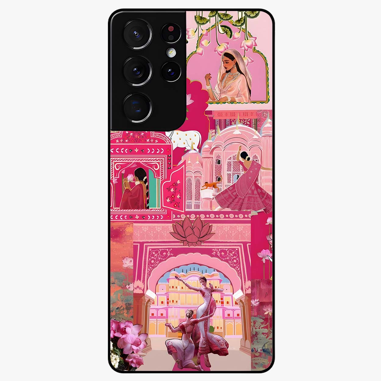Blossoms of Rajasthan Glass Case showing flat back view with traditional floral artwork inspired by Rajasthan and glossy glass finish.