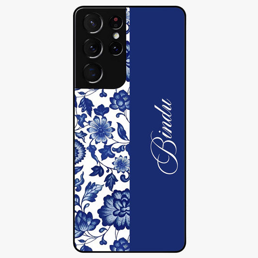 Blue Vintage Floral Pattern Glass Case upright view showcasing timeless floral illustration with vintage inspired style.
