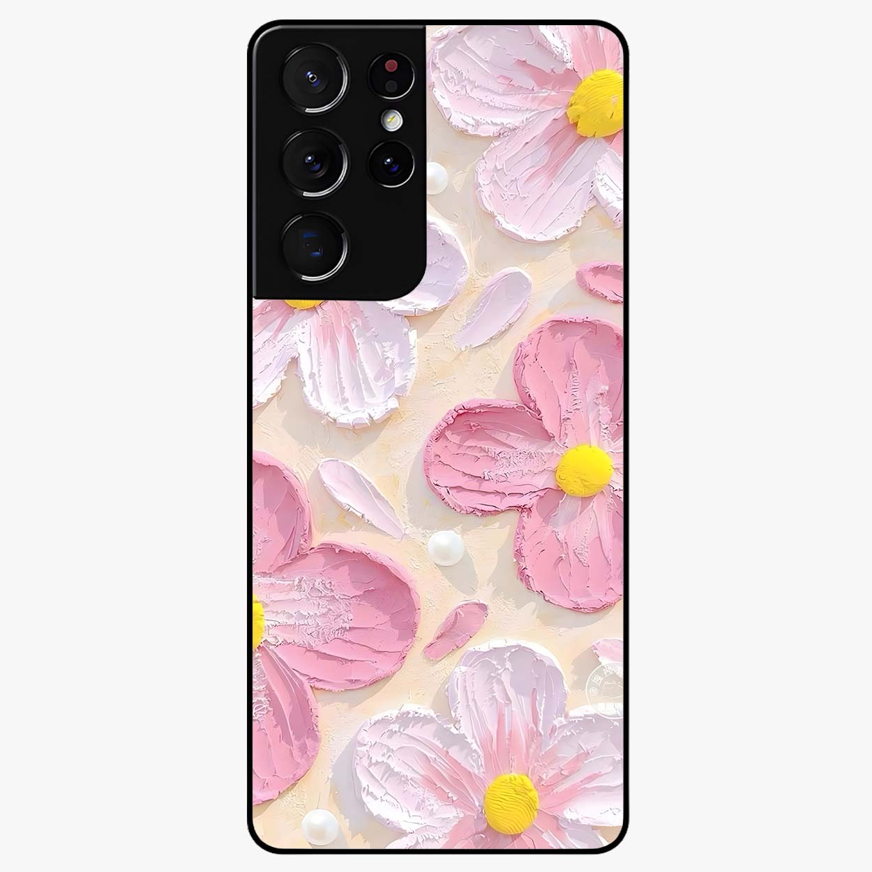 Blush Bloom Texture Glass Case showing flat back view with soft blush floral texture artwork and glossy glass finish.