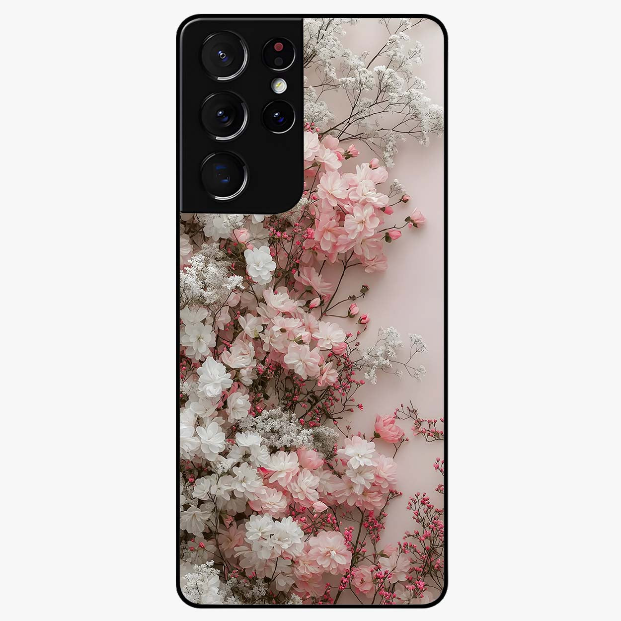 Blush Blossom Cloud Glass Case showing flat back view with dreamy blush cloud blossom artwork and glossy glass finish.