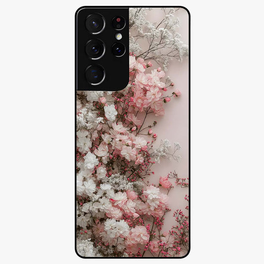 Blush Blossom Cloud Glass Case showing flat back view with dreamy blush cloud blossom artwork and glossy glass finish.