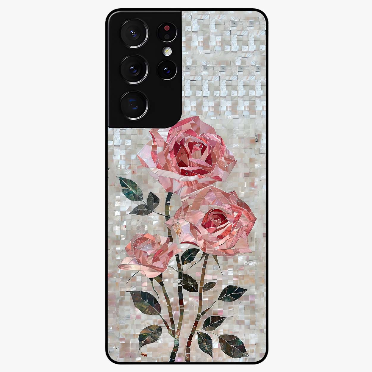 Blush Mosaic Bloom Glass Case showing flat back view with mosaic floral bloom artwork and glossy glass finish.