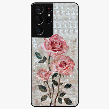 Blush Mosaic Bloom Glass Case showing flat back view with mosaic floral bloom artwork and glossy glass finish.