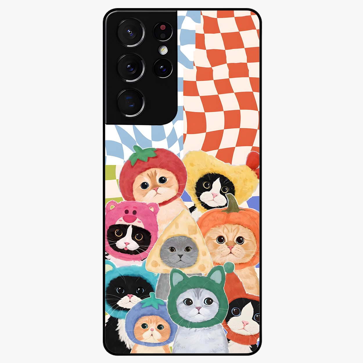 Cats in Fruits Glass Case showing flat back view with playful cat illustrations inside fruit artwork and glossy glass finish.
