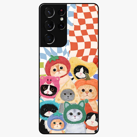 Cats in Fruits Glass Case showing flat back view with playful cat illustrations inside fruit artwork and glossy glass finish.