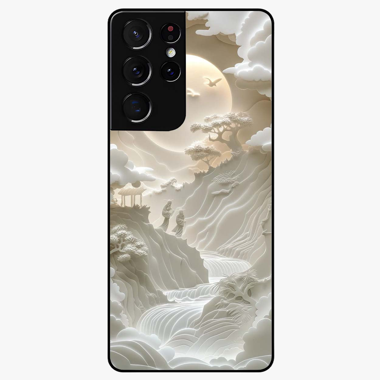 Celestial Origami Glass Case showing flat back view with artistic origami inspired celestial artwork and glossy glass finish.
