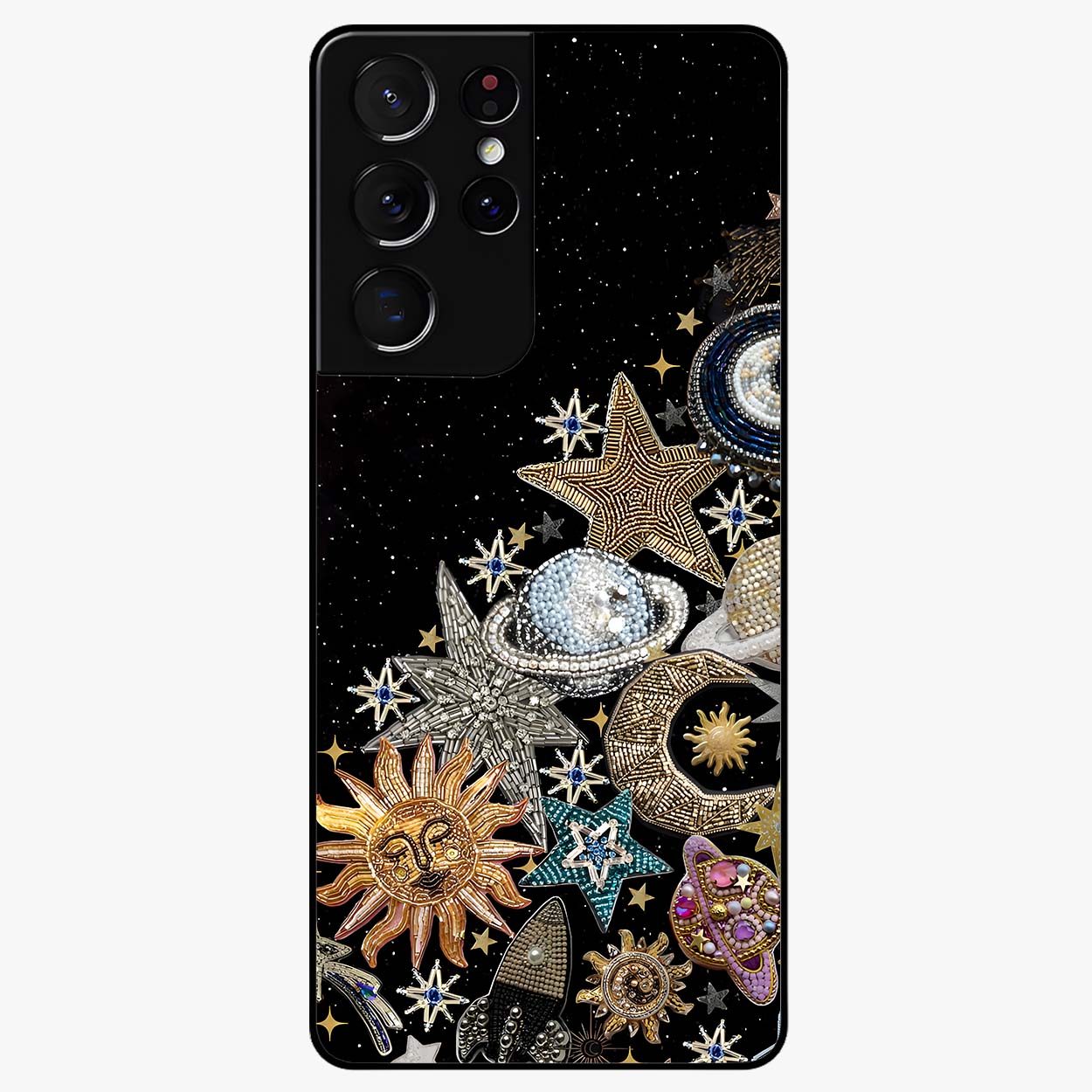 Cosmic Sparkle Dreams Glass Case showing flat back view with sparkling cosmic artwork and glossy glass finish.