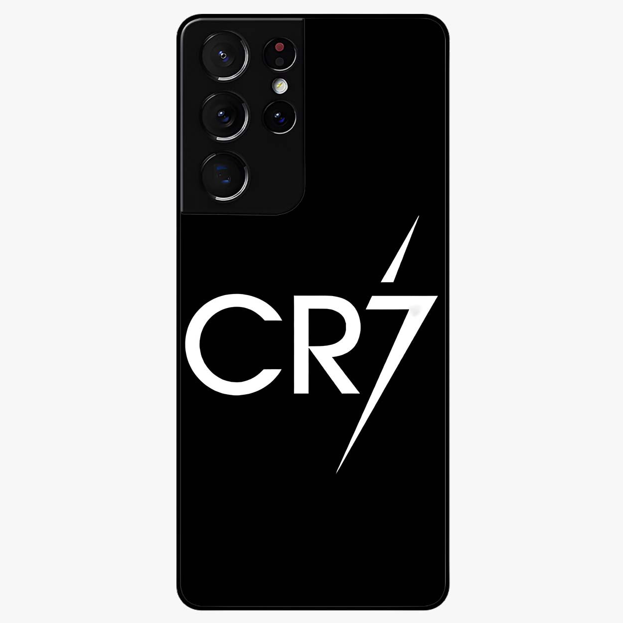 Cr7 Elite Strike Glass Case showing flat back view with dynamic football inspired artwork and glossy glass finish.