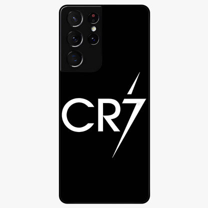 Cr7 Elite Strike Glass Case showing flat back view with dynamic football inspired artwork and glossy glass finish.