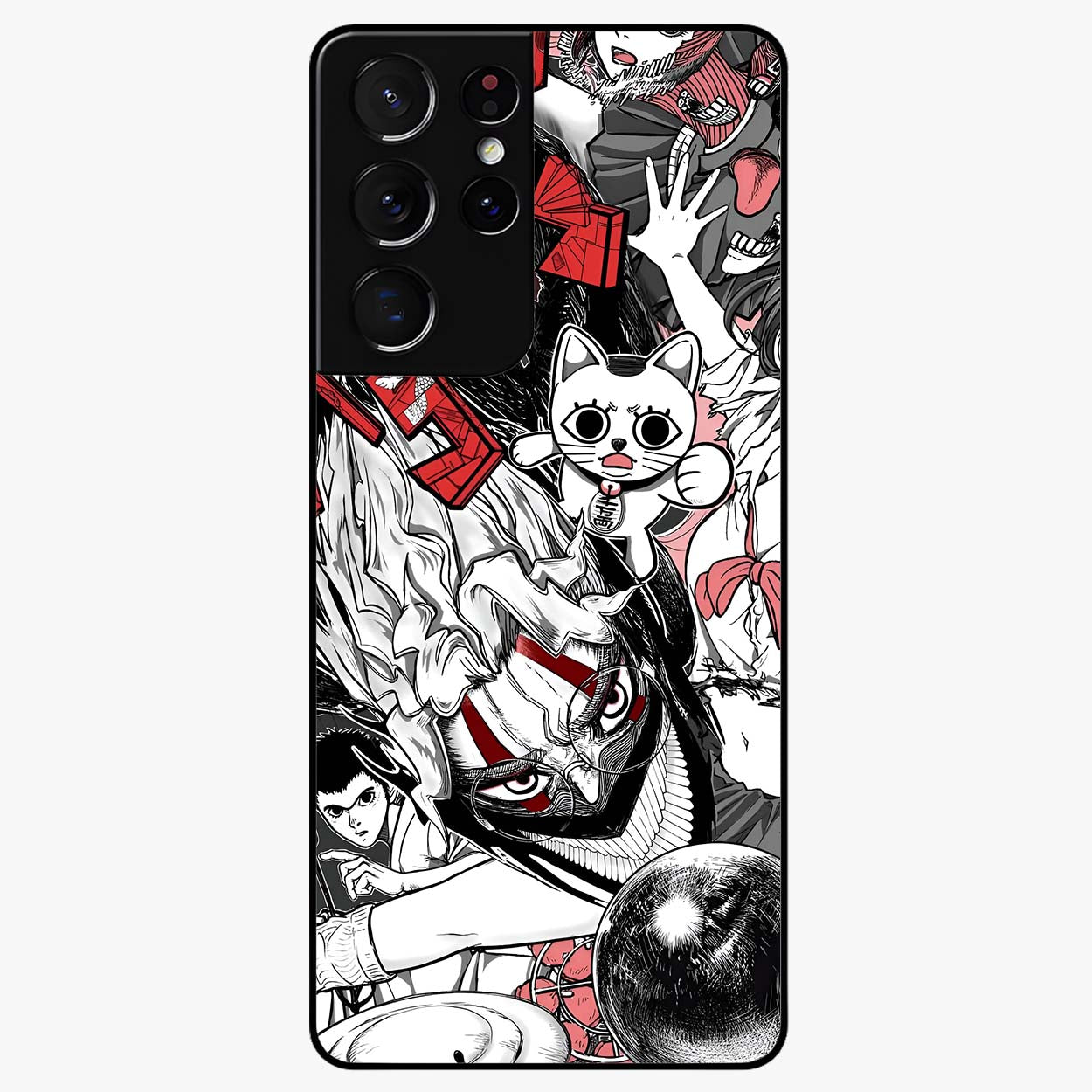 Crimson Chaos Panel Glass Case showing flat back view with bold crimson abstract artwork and glossy glass finish.