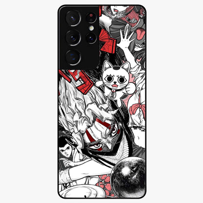 Crimson Chaos Panel Glass Case showing flat back view with bold crimson abstract artwork and glossy glass finish.