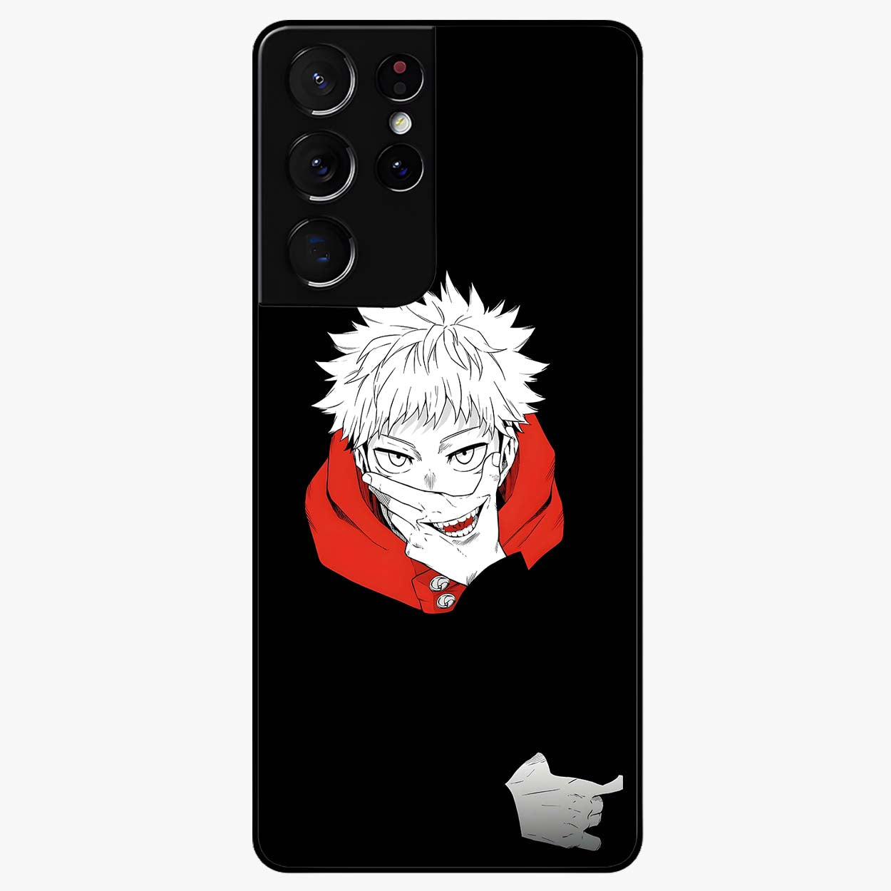 Crimson Chaos Smile Glass Case showing flat back view with bold chaotic smile artwork and glossy glass finish.