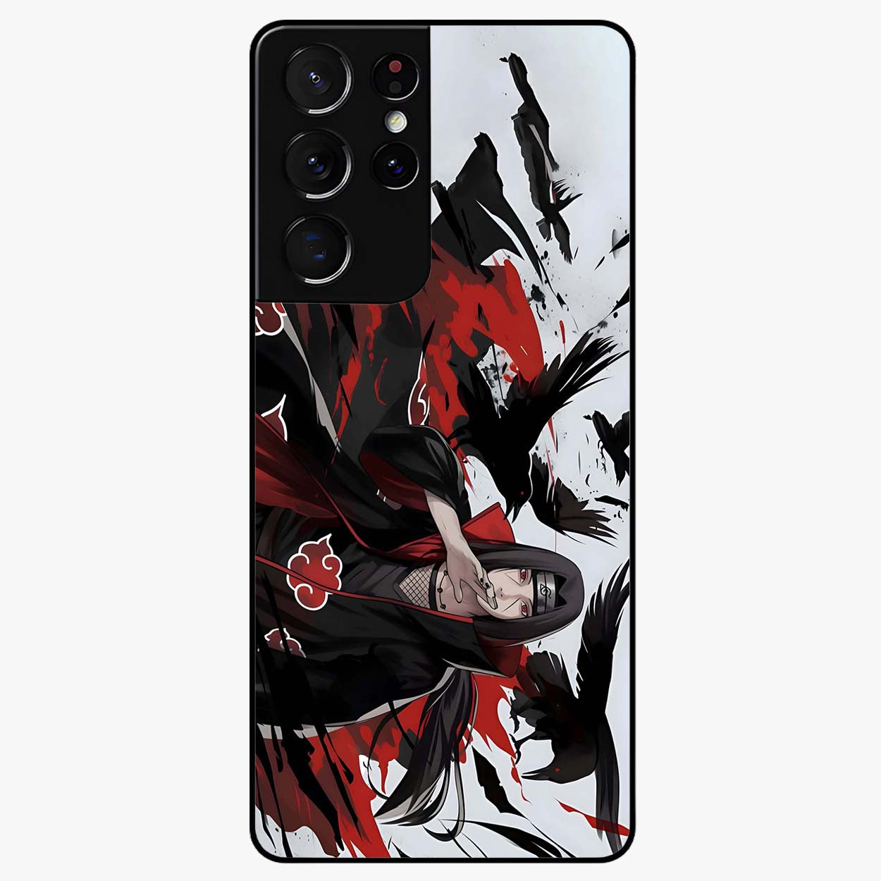 Crimson Crow Illusion Glass Case showing flat back view with artistic crow illusion artwork and glossy glass finish.
